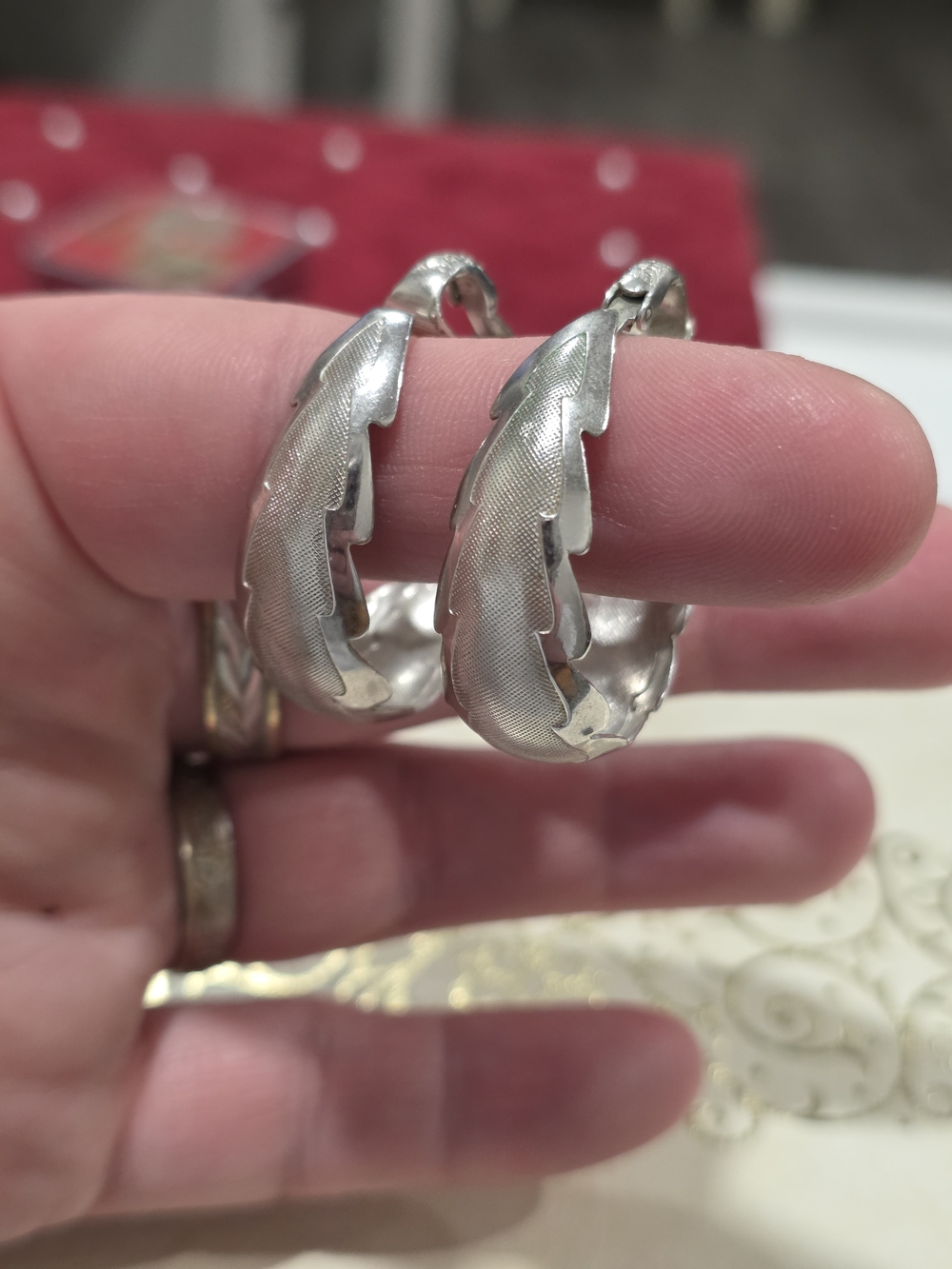 Feather-Textured Hoop Earrings in Silver Tone